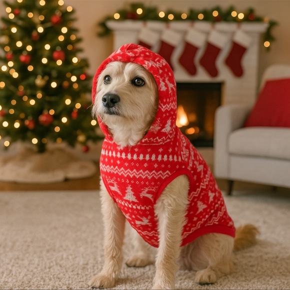 Boots & Barkley Red Fleece Dog Jacket L (9x21) Reindeer Snowflake Hooded - Picture 1 of 8
